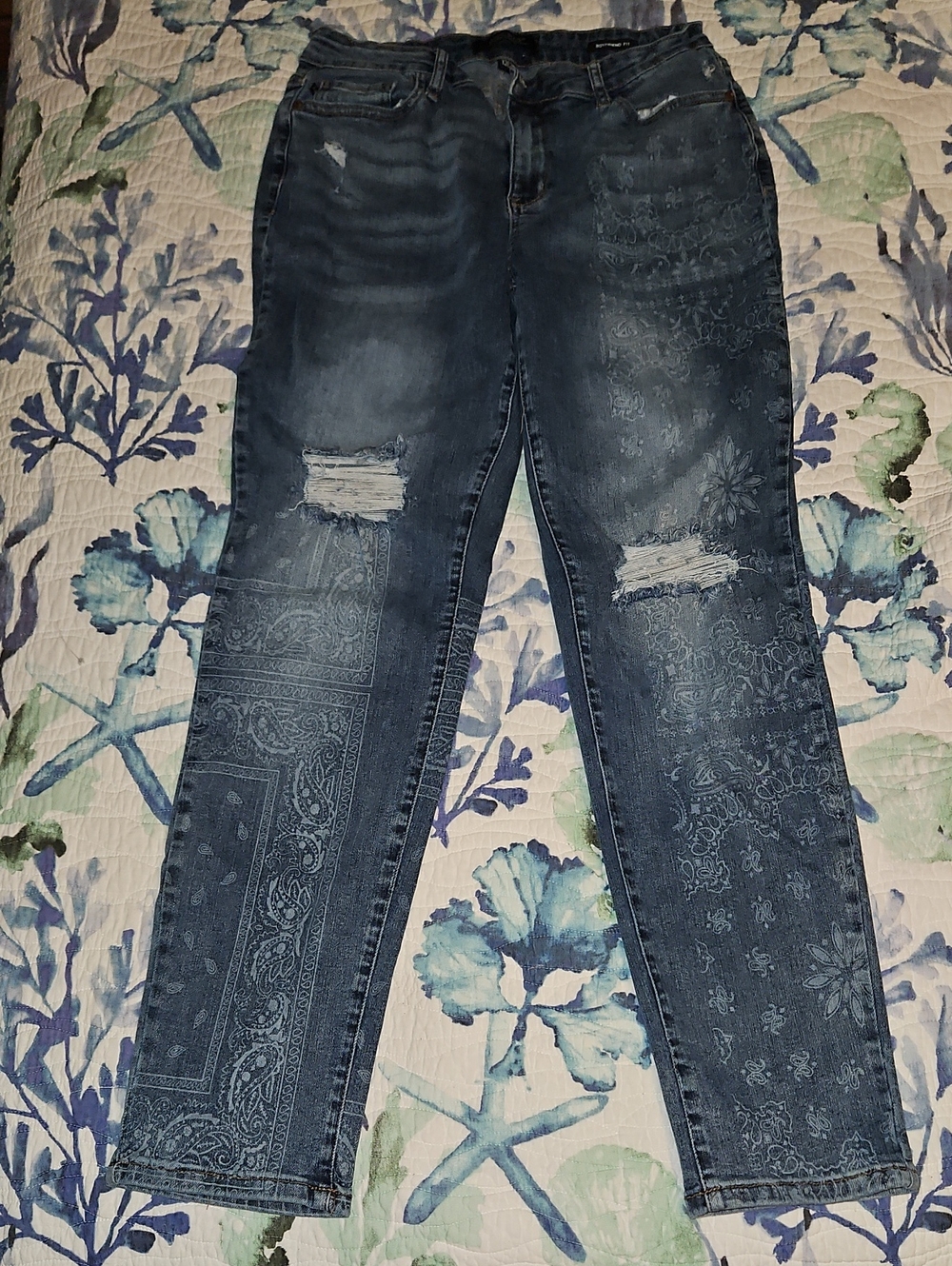 Judy Blue Indigo Distressed Boyfriend Jeans with Subtle Bandana Print